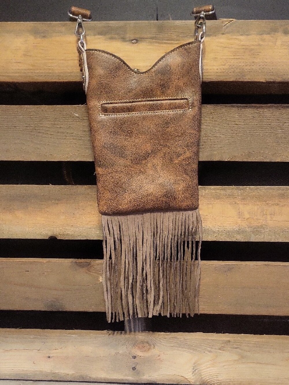 Fringed Brown Horse Embroidered Crossbody Bag with Turquoise Accents - Picture 5 of 15